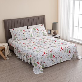 Great Bay Home Christmas Flannel Sheet Set Queen Size - 100% Turkish Cotton, Double-Brushed, Winter Bed Sheets - Ultra-Soft, Cozy, 4-Piece Christmas Bedding Set (Holiday Time)