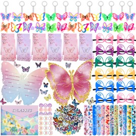 Pack of 122 Butterfly Party Bags Children's Birthday Girl Invitation Cards Children's Birthday Girl Sticker Bags Mask Bracelets Rubber Rings Key Ring