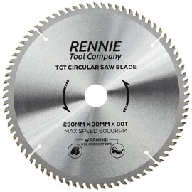 Rennie Tools - 250mm x 30mm x 80T TCT Circular Wood Saw Blade Includes 25mm 20mm & 16mm Bore Reduction Rings. Compatible with Bosch Makita Dewalt Circular Saw Etc. Fits 255mm Circular Saws