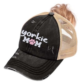 Yorkie Mom or Custom Dog Breed, Women's Criss Cross Ponytail Messy Bun Hat Cap, Yorkshire Terrier Owner Gift Present Birthday Clothing Mother's Day Christmas Wife Sister Daughter, Sewn on CC Base