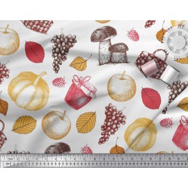 Soimoi Poly Crepe Fabric Mushroom,Grapes & Fresh Printed Fabric 1 metre 52 Inch Wide