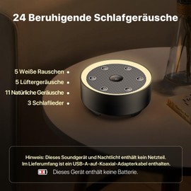 Schlaf-Soundmaschine mit Weißem Rauschen & 24 Beruhigenden Klängen für Babys und Erwachsene. Timer, Eingelassener Nachtlichtknopf, Dimmbares Licht, Steckdosenbetrieb, Kompaktes Design