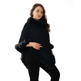 NLAND Warm Women's Poncho Warm Knitted Cape Faux Cashmere Knitted Poncho Cape for Autumn Winter, black