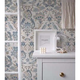 Floral Peel and Stick Wallpaper- Light Blue Folk Floral Classic Vintage- Self Adhesive Removable Wallpaper for Bedroom, Living, Nursery, Accent Wall (Soft Blue, 17.3"x78.74")