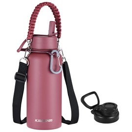KXIAOCHEN 32 oz Insulated Water Bottle with Paracord Handles & Strap, 2 Lids(Straw Lid&Spout Lid), Stainless Steel Reusable Wide Mouth Metal Water Bottle With Straw, Double Walled,(Bottle-Red32)