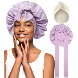 Coubeau Hair cap for the night, sleep cap, silk turban towel with button, microfibre towel, hair combination of dry hair cap and satin sleep cap