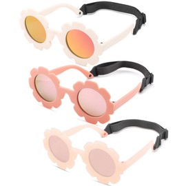 COASION 3 Pack Bendable Polarized Sunglasses with Strap for Newborn Baby Girls Boys 0-12 Months, Flower Design (White+Pink+Champagne)