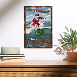 Lantern Press 10x15 Inch Wood Sign, Ready to Hang Wall Decor, Merry Christmas from Laguna Beach, California, Santa Surfing