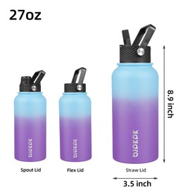BJPKPK - Botellas de agua aisladas con tapa de popote, botella de agua de acero inoxidable de 27 onzas con 3 tapas, taza de termo de metal a prueba de fugas, botella de agua deportiva para mantener el