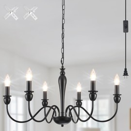 LXWNYY Plug in Chandelier with Long Cord 15.1ft, 6 Lights Farmhouse Light Fixtures Hanging Lights with Plug in Cord, Black Plug in Candle Chandier for Living Dining Room Bedroom Kitchen
