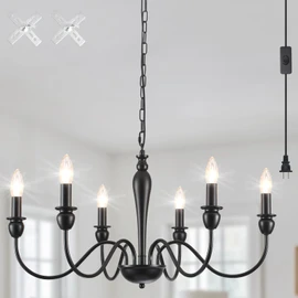 LXWNYY Plug in Chandelier with Long Cord 15.1ft, 6 Lights Farmhouse Light Fixtures Hanging Lights with Plug in Cord, Black Plug in Candle Chandier for Living Dining Room Bedroom Kitchen