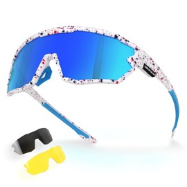 GIEADUN Polarized Glasses Kids Youth Baseball Sunglasses Adult Men Women Cycling Goggles with 3 lenses,Fishing,Ski Running Golf (White blue, Adult)