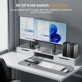 4K@120Hz KVM Switch 2 Monitors 2 Computers, 8K@60Hz DisplayPort Dual Monitor KVM Switch with 4 USB 3.0 Ports Share Keyboard Mouse, Support Extended/Copy Mode with 2 USB3.0 Cables and Controller 6210
