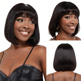 GZAmber Straight Bob Wig with Bangs Human Hair Glueless Wigs 1x2.5 Closure Lace Wig Bob Short Wigs with Bangs for Women 180% Density (12 inch)