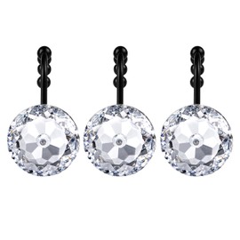 Sunlit Luxury Design Round Clear Diamond Crystal Gem Bling with Glide Balls Shower Curtain Hooks with Black Hooks, Rust Proof Metal Rhinestones Glam Shower Curtain Rings, Set of 12