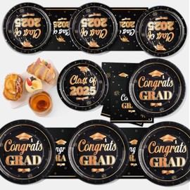 Cheery Land Graduation Plates and Napkins 2025 Black and Gold Graduation Paper Plates Tableware Sets, Congrats Grad Cocktail Napkins for 2025 Graduation Party Decorations, Serve 50