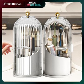 Dustproof Toothbrush Holders with Cover, Rotating Electric Toothbrush and Toothpaste Holder for Bathroom Countertop, 3 Slots Transparent Makeup Brushes Organizer for Vanity Makeup Brushes Holder