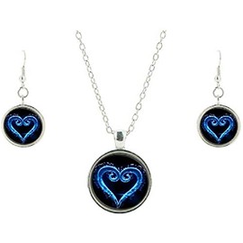 EC Trading Kingdom Hearts Logo Glass Domed Pendant Necklace, Earring Jewelry Set