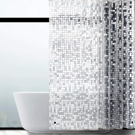 WELTRXE Anti-Mould Shower Curtain with Bottom Weight Magnet, Waterproof Antibacterial EVA Curtain for Shower and Bath, Child-Friendly, 0.15 mm Thick, 150 x 180 cm, Transparent Geometric, incl. 10