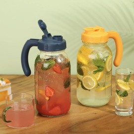 SOLIGT Mason Jar Pitcher with Handle, 64oz Wide Mouth, Airtight & Dishwasher Safe, Cold Brew Coffee Maker Pitcher, Glass Pitcher for Homemade Iced Tea Springtok Drinkware Jugs:_Navy and Yellow