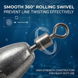Fishing Weights with Rolling Swivel Bullet Quick Set Up Drop Shot Sinkers Streamlined Lead Fishing Sinkers for Freshwater Saltwater Catfish Bass Casting Fishing and Bottom Fishing Rigs