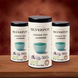 Silverpot Green Tea Jasmine, 50 Round Tea Bags, Tin | Gourmet Green Tea | Caffeinated | Enjoy Hot or Iced