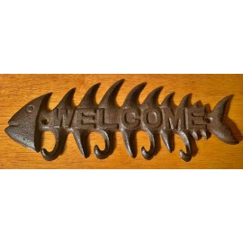 Fish Bone Hook Hanger Welcome Sign Cast Iron Nautical Beach House Rustic Decor