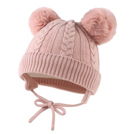 Flower Baby Girls Pompom Beanie Winter Infant Toddler Hat for Girl Knitted Soft Fall Beanies Hat (Skin Pink, 0-6 Months)