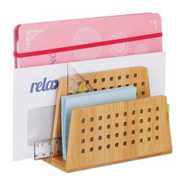 Relaxdays Bamboo Document Holder, 2 Perforated Compartments, Handy Letter Rack, Stationery Supplies, Natural, A5