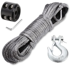 ROADGIVE Cuerda de cabrestante sintética de 50 pies, 8 libras, 1/4 pulgadas, cuerda de cabrestante ATV con gancho de acero, tapón de goma, funda protectora y dedal, para ATV, UTV, cuerda de cabrestante, color gris