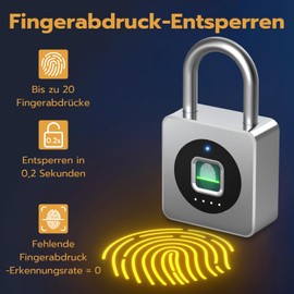 Anweller Padlock, Fingerprint, Fingerprint Lock, Locker Lock, Lock with Fingerprint and App, Weatherproof Padlock for Door, Locker, Cellar