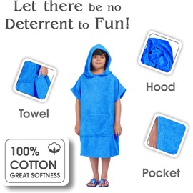 ALLEN & MATE Kids Bath Wrap Robe - Quick Dry Beach Poncho Towel 100% Terry Cotton with Hood and Pocket for Boys and Girls, blue
