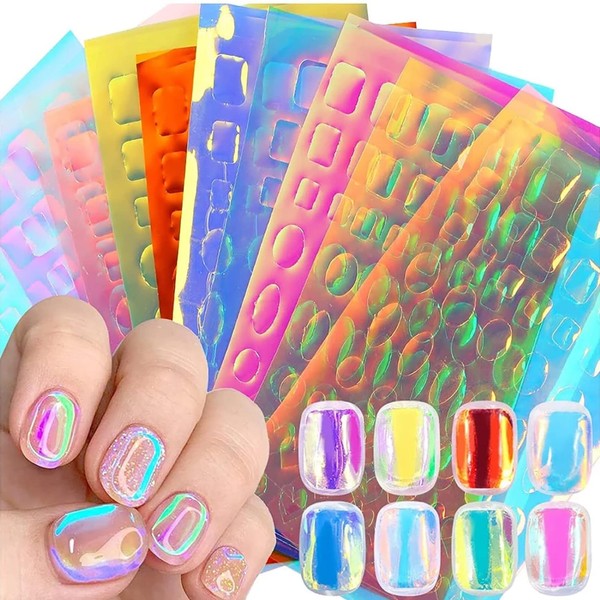 Kireida® 11 Sheets Aurora Nail Wraps, Laser Nail Stickers, Nail Art Stickers, Iridescent Cellophane Nail Art Stickers, 3D Nail Decoration, Holographic Foil, Multicolor