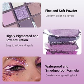 Purple Eyeshadow Palette, 9 Colour Glitter Eye Shadow Pallets for Women, Long-Lasting, Highly Pigmented & Waterproof Formula, Vibrant Purple Shades, Blendable Sparkly Eye Shadow for Women & Girls