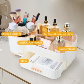 Growsun Makeup Organizer Countertop with Drawers 360 Rotating Makeup Brush Holder Large Capacity Skincare Organizer for Vanity, White