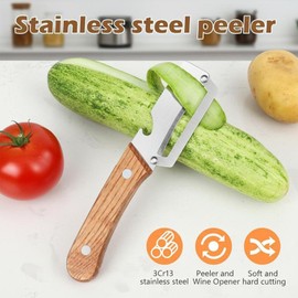 2 Pack Multifunctional Vegetable Peeler, Peelers for Kitchen with Bottle Opener, Zero Snag Wooden Peeler, 2 in 1 Stainless Steel Peeler with Wooden Handle, Potato, Fruit, Pumpkin
