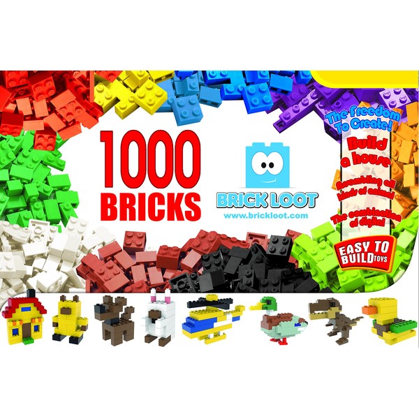 1,000 Bricks - 1000 Toy Building Blocks - Mixed Colors - Compatible - Great Creative Box