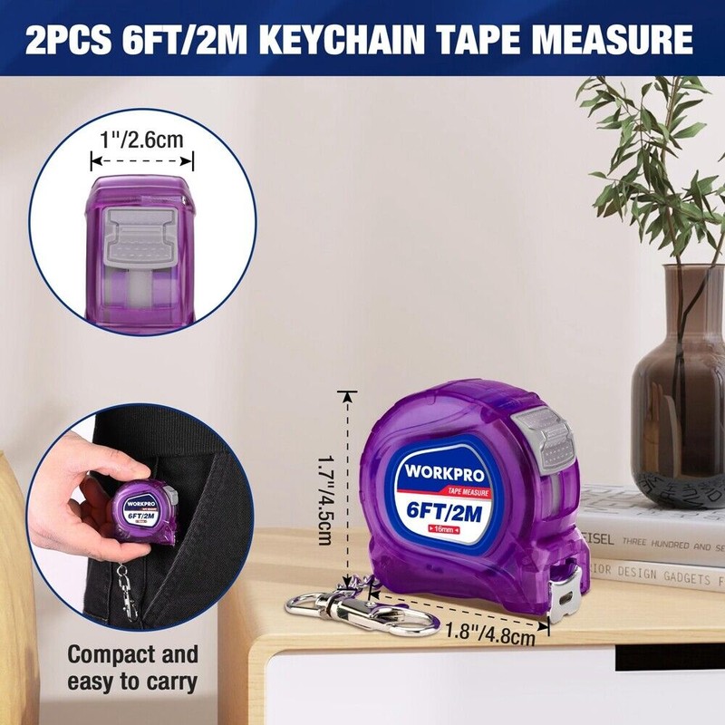 WORKPRO 2PC 6FT Tape Measure Inch/Metric Keychain Small Tape Measure