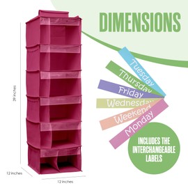 Houseables Kids Clothes Organizer, Weekly Clothes Organizer for Kids, Closet Daily Outfit Storage, Monday Through Friday Clothing Planner, Day of The Week, Weekday, School, Hanging, 6 Shelf, Pink