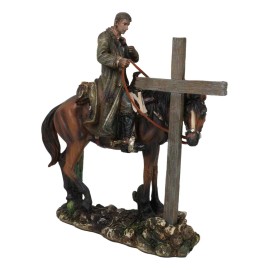 Western Cowboy in Solemn Prayer On Horse By Faded Cross And Cactus Figurine
