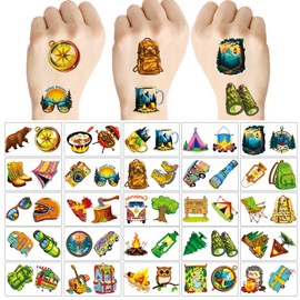 100Sheets Camping Temporary Tattoos Birthday Themed Party Supplies Decoration Favors Cute Camping Sticker for Kids Boys Home Activity Class Prizes Carnival Christmas Rewards