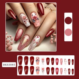Valentine Press on Nails Medium Coffin Fake Nails Gradient Glue on Nails Valentine Rose False Nails with Heart Pattern Cute Valentine Press on Nails for Women Manicure Decor 24Pcs
