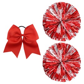 HugeDE 2 Pcs Cheerleading Pom Poms Metallic Cheer Pom Poms Cheer Costume Accessories with Large Cheerleader Hair Bow for Team Spirit Sports Dance Cheering Red Silver