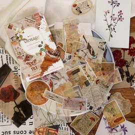 Vintage Washi Stickers Scrapbook Material Paper Set Retro Flower Floral Letter Map Tags Newspaper Fragment DIY Sticker for Scrapbooking Journaling Planner Envelope Journal Diary Book Art Craft Project