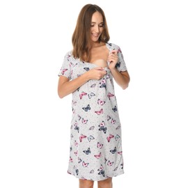 MijaCulture 2-in-1 Pretty Nursing Nightdress & Maternity Nightdress Cotton 2074, Grey/Butterflies, XL