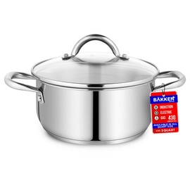 Stainless Steel Stockpot with Tempered Glass Lid 3 Quart, Durable 18/0 Stainless Steel, Impact-Bonded Base for Even Heating, Riveted Handles, Oven & All Stove Compatible, Safe Up To 500°F (260°C)