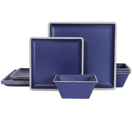 Square Melamine Dinnerware Sets， Durable Square Dinner Plates and Bowls Set,12-Piece Set Non-breakable Lightweight Dinner Tableware Sets, Service for 4