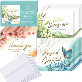 T MARIE 48 Gold Foil Funeral Thank You Cards With Message Inside - 4.5 x 6.25” Floral Bulk Sympathy Flower Thank You Cards Boxed Set with Words Inside - Bereavement Thank You Notes With Envelopes