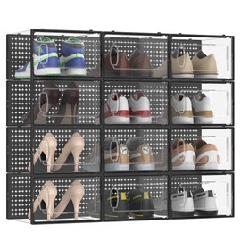 12 Pack Large Modular Clear Plastic Stackable Shoe Storage Organizer for Closet, Space Saving Versatile Sneaker Shoe Rack Containers Bins Holders, Portable Closet Organizers and Storage, Black