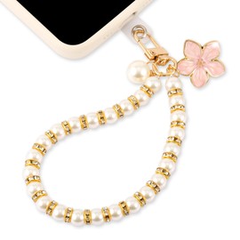 NQEUEPN Pearl Phone Charms Strap, Cell Phone Charm Pearl Phone Lanyard Beaded Phone Bracelet Phone Wristlet Beaded Mobile Phone Pendant with Phone Patch for Smartphone Girls Gift (Pink Flower Style)